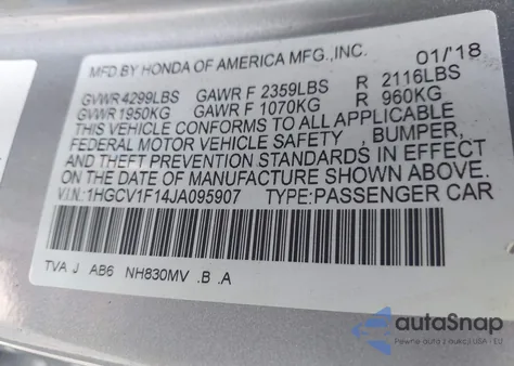 2018 Honda Accord Lx from USA, damaged, VIN 1HGCV1F14JA095907